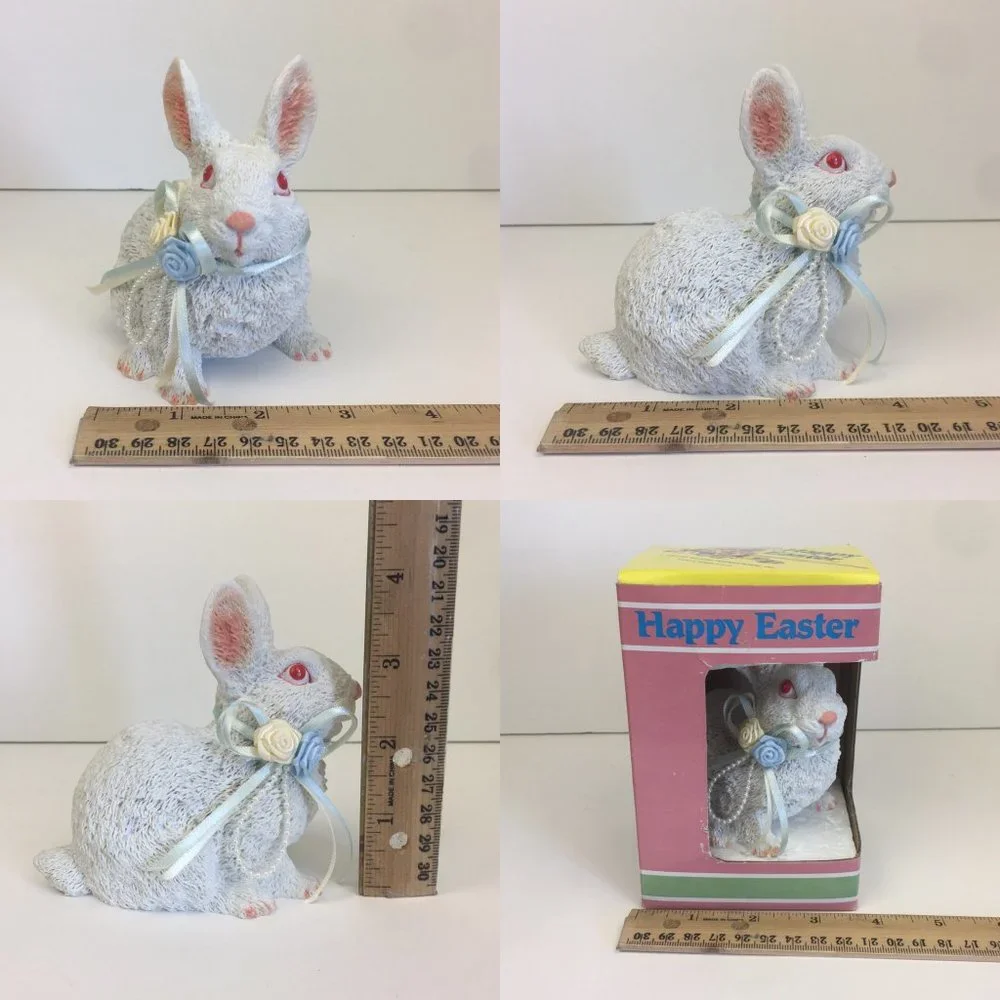 Vtg Easter Bunny Figurine w Floral‎ Ribbon Orig Box
